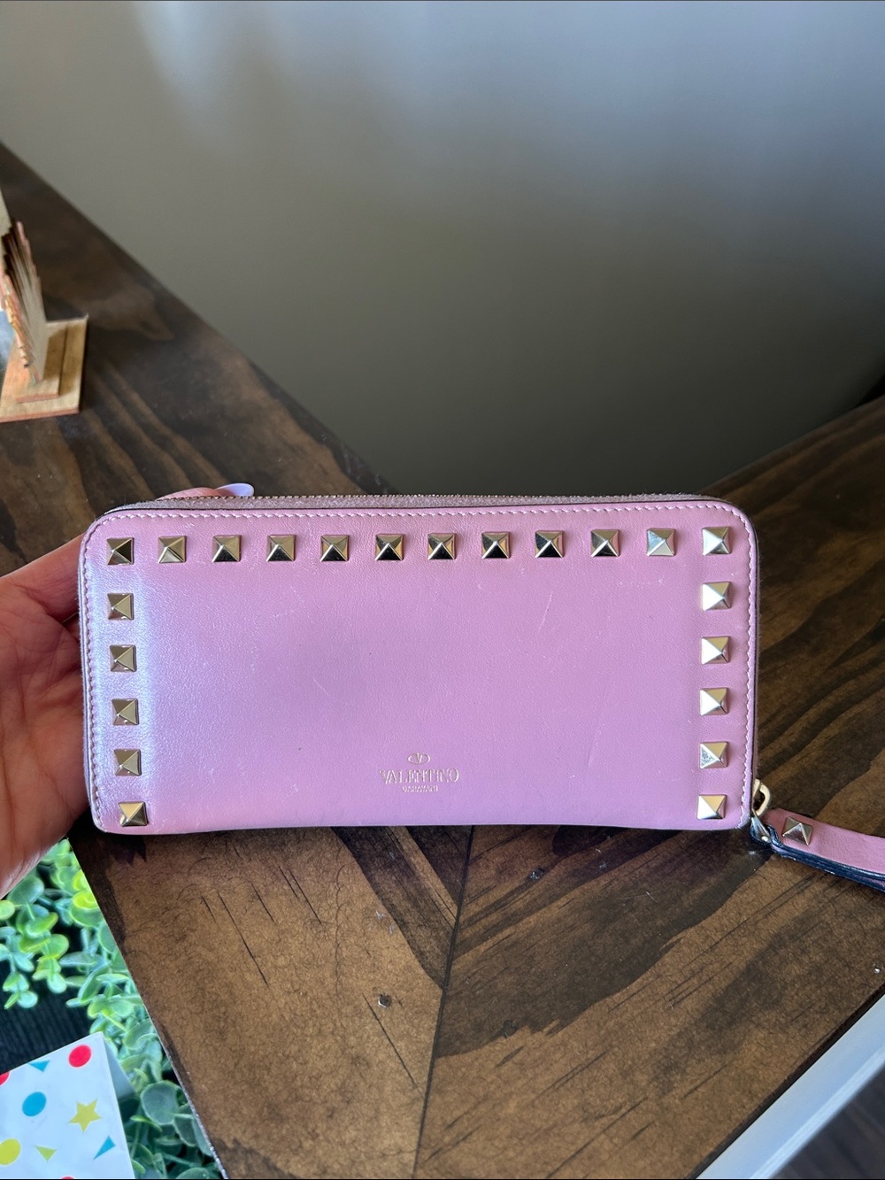 Valentino Garavani Pink Zip-Around Rockstud Wallet with Gold Studs